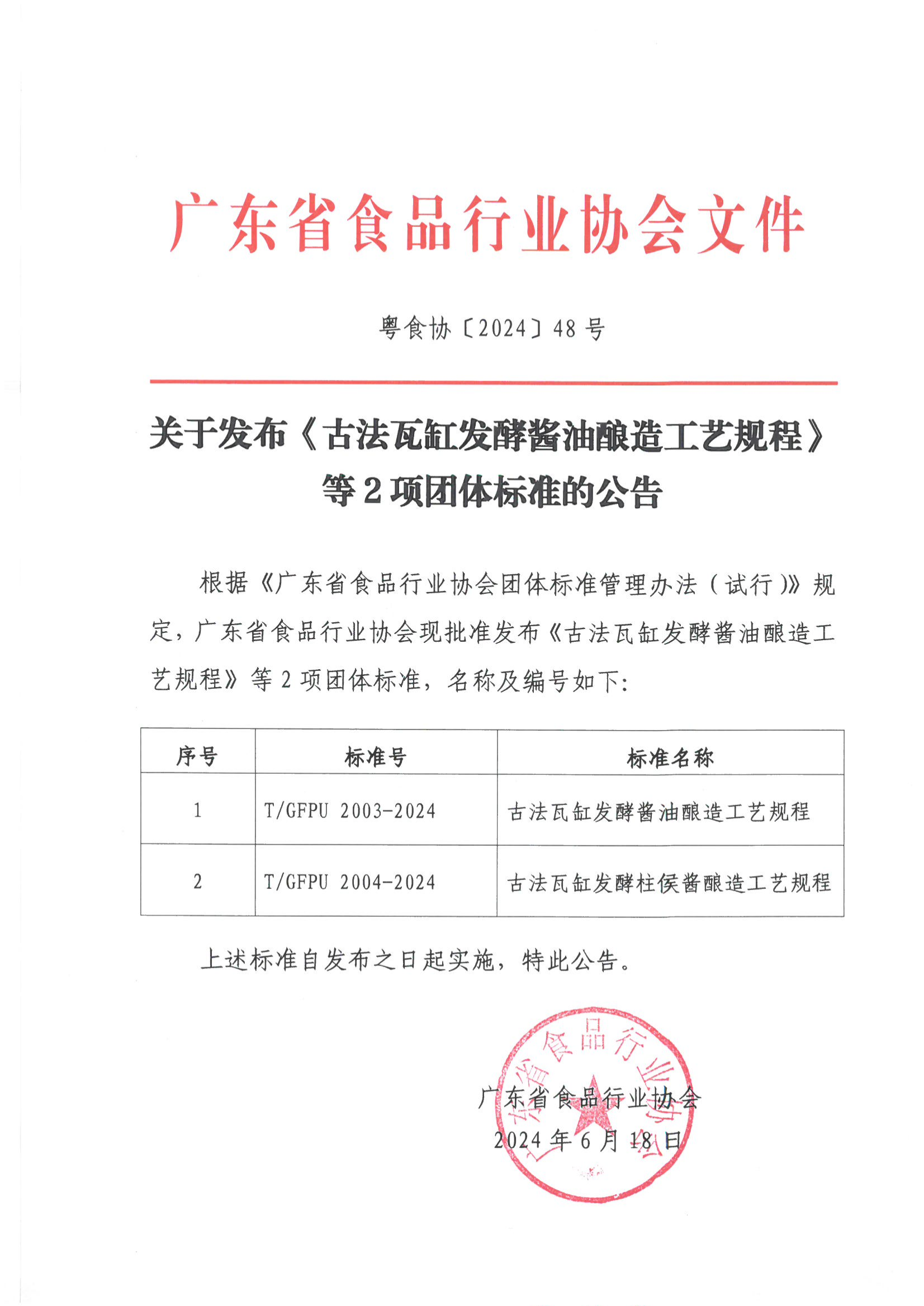 关于发布《古法瓦缸发酵酱油酿造工艺规程》等2项团体标准的公告